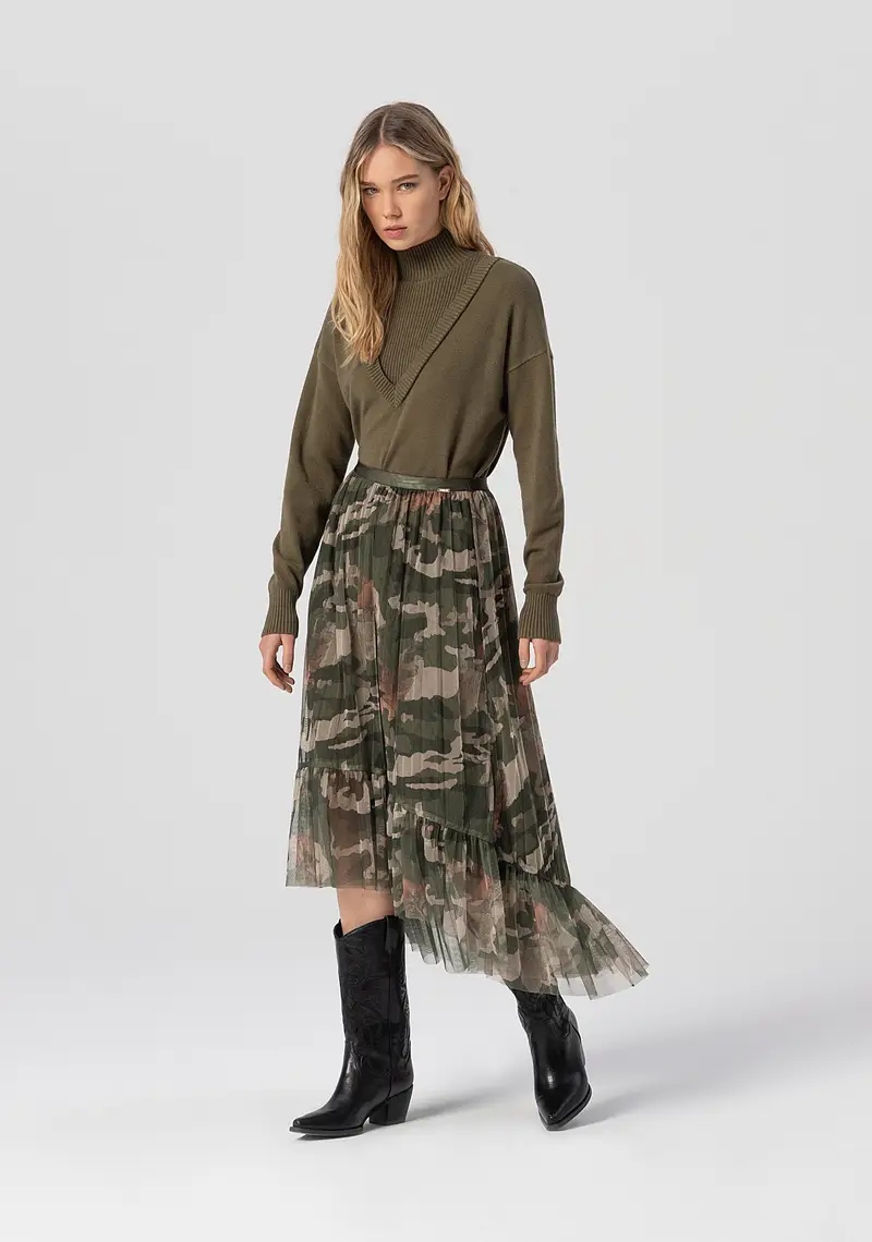 Gonna svasata midi in georgette con stampa mimetica