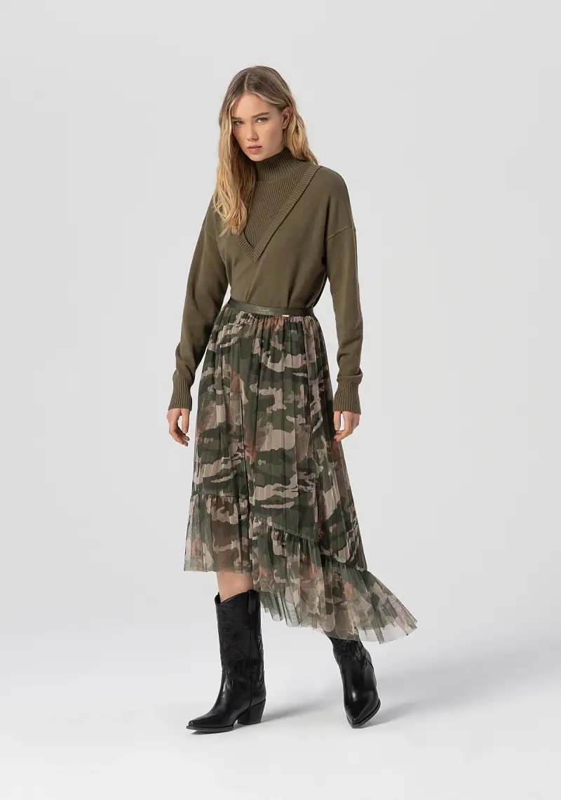 Gonna svasata midi in georgette con stampa mimetica