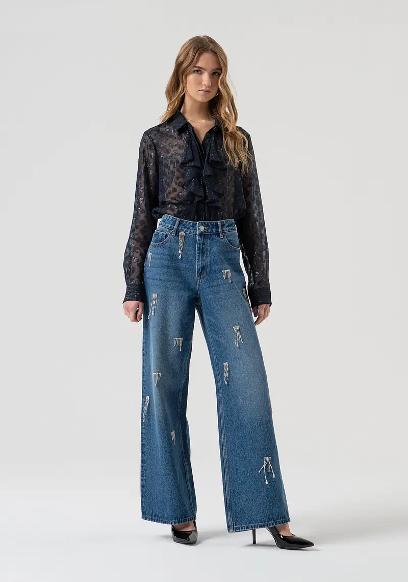 Jeans flare in denim con lavaggio medio e strass luminosi