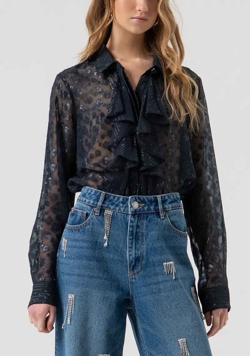 Jeans flare in denim con lavaggio medio e strass luminosi miniatura 2