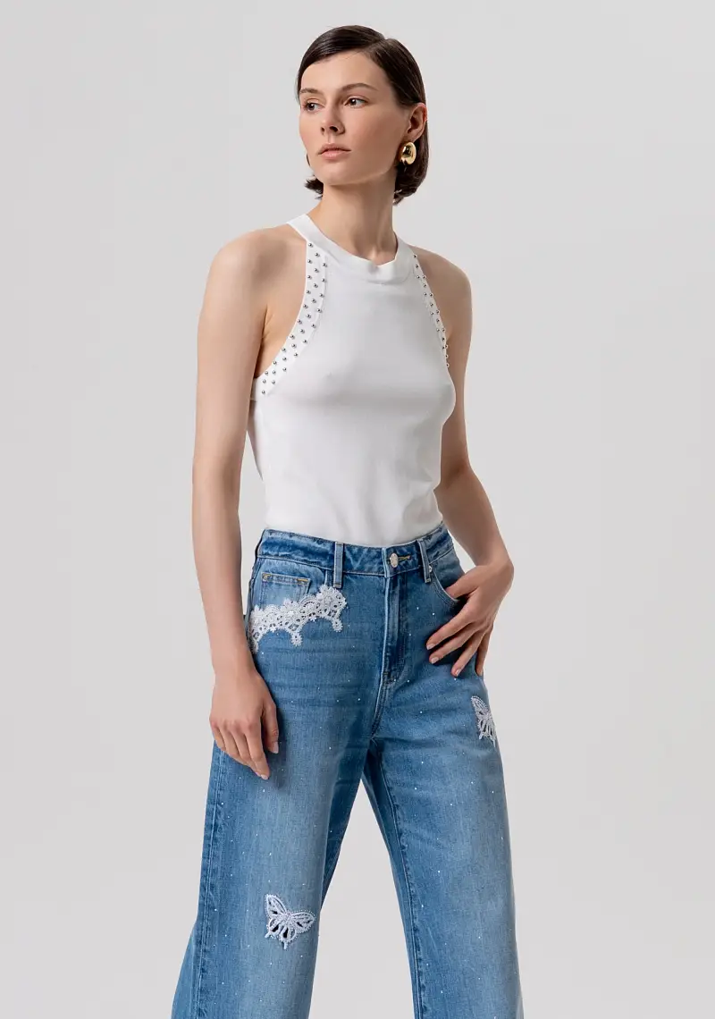 Fracomina Pantaloni flare wide leg in denim lavaggio medio con patch e strass miniatura 2