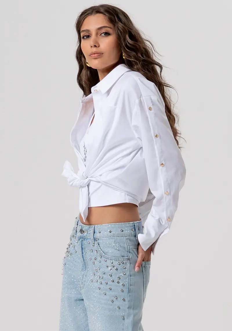 Fracomina Pantaloni straight fit in denim chiaro con pietre luminose e strass miniatura 2