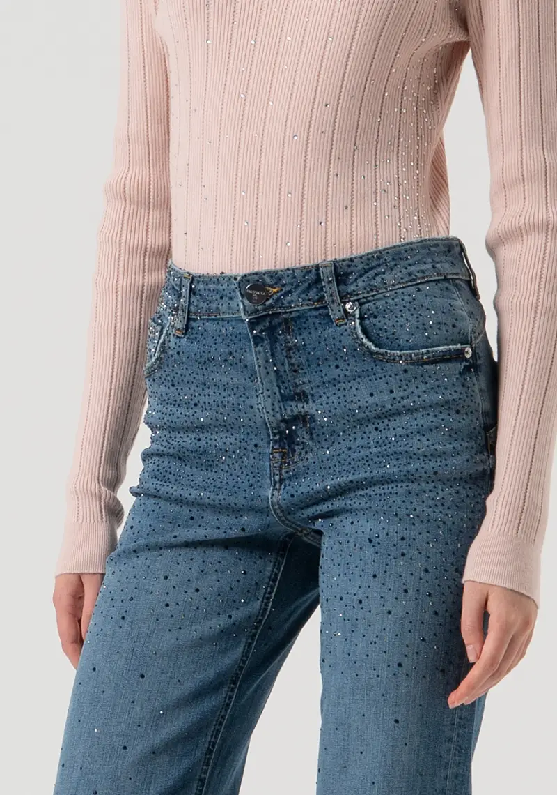 Jeans wide leg in denim con lavaggio medio e strass miniatura 2