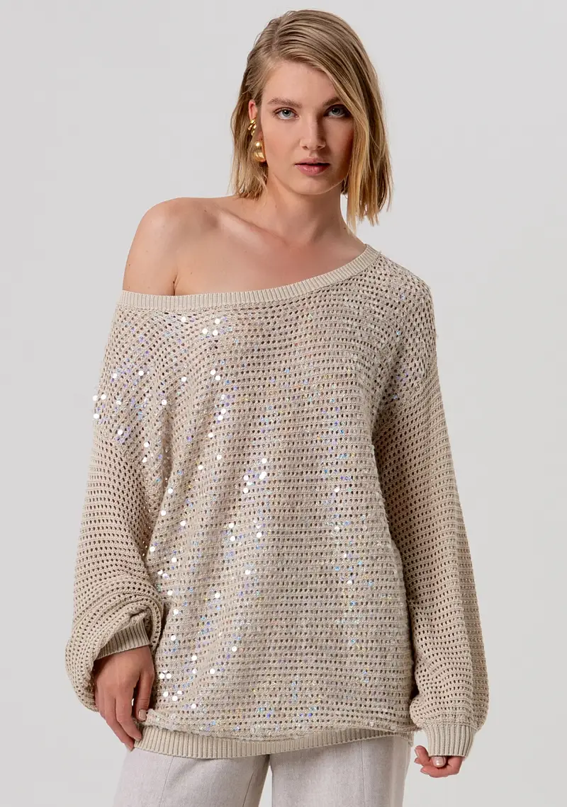 Maglia over con punto rete e paillettes