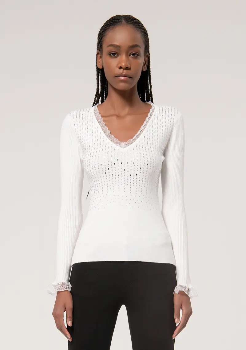 Maglia slim a costine con strass luminosi