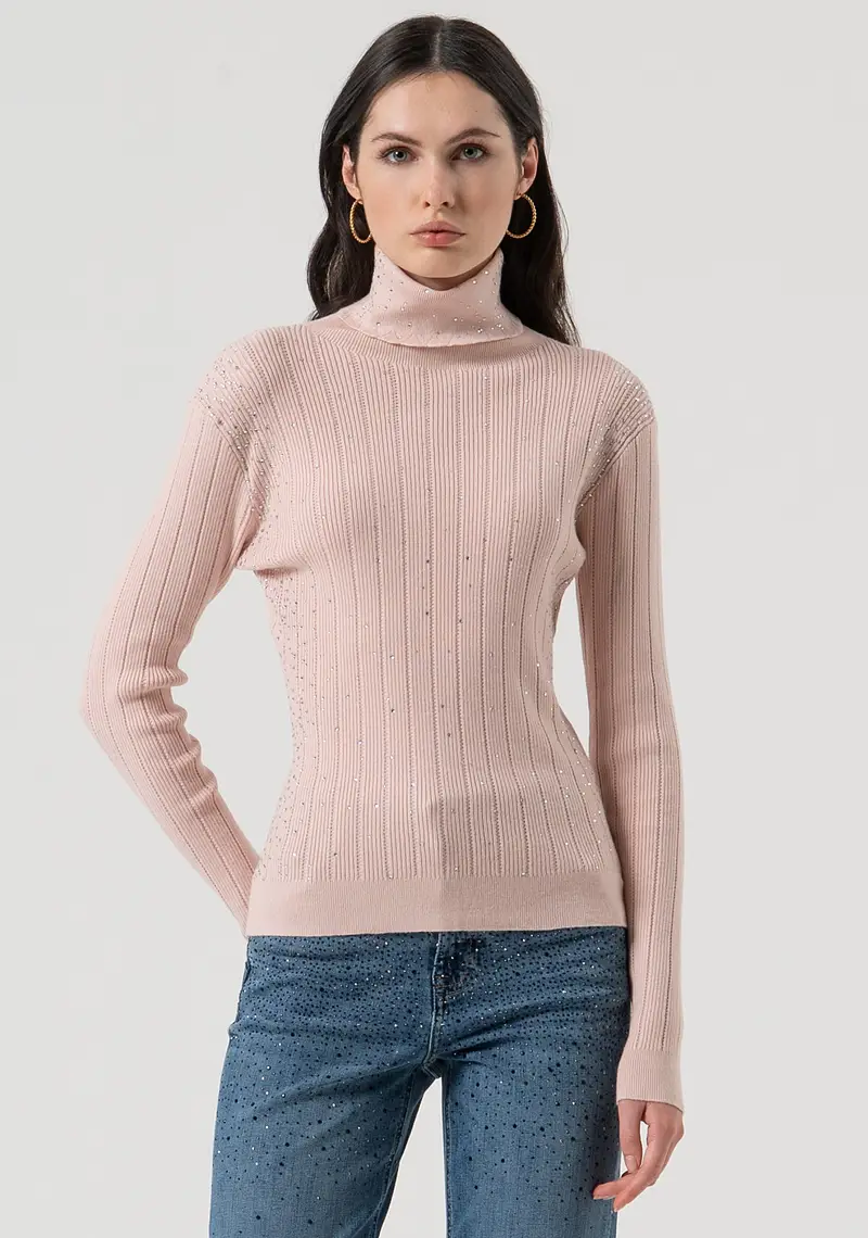 Maglia slim a costine con strass