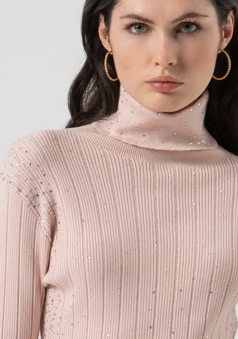 Maglia slim a costine con strass miniatura 2