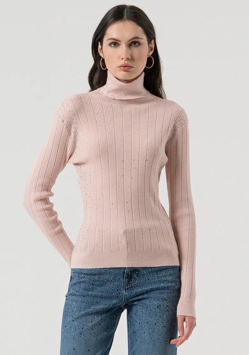 Maglia slim a costine con strass