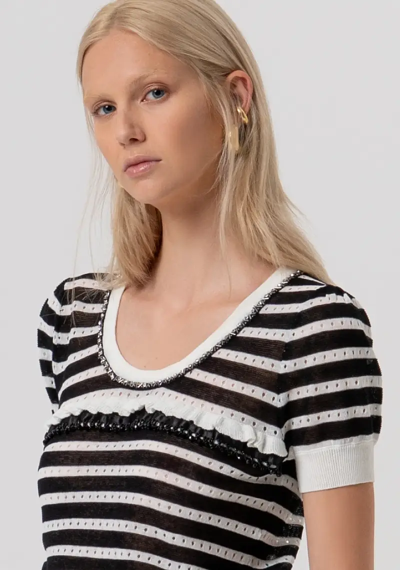 Maglia slim traforata a righe miniatura 2