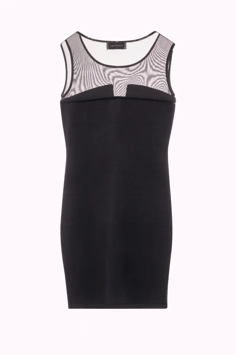Mini Abito Aderente in Maglia con Dettagli in Tulle Trasparente