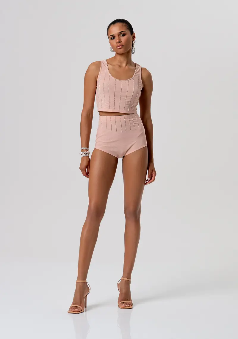 Pantaloncini culotte slim in tulle con strass