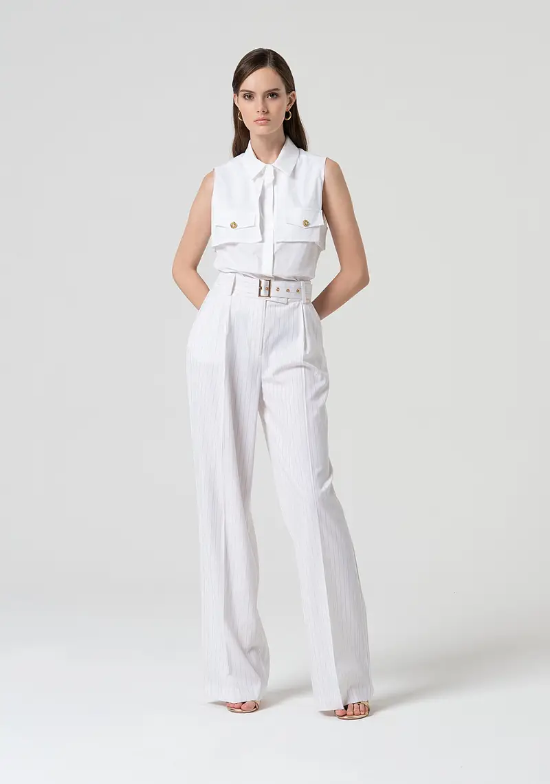 Pantalone a palazzo in tessuto gessato con lana