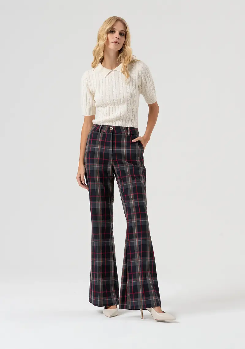 Pantalone bootcut in tessuto tartan