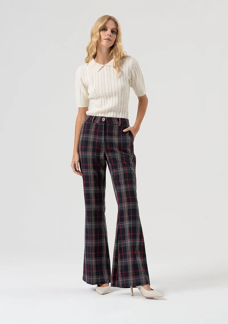 Pantalone bootcut in tessuto tartan