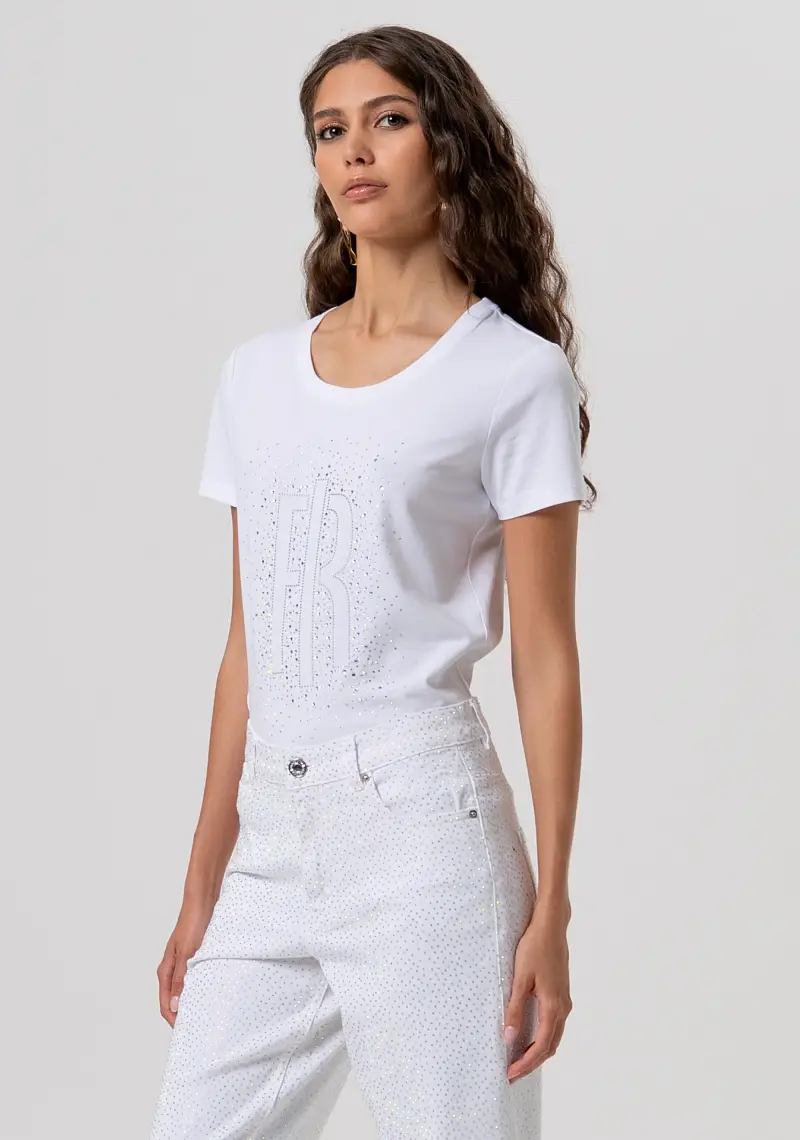 Fracomina Pantalone carrot mom fit bianco in tessuto bull con strass miniatura 2