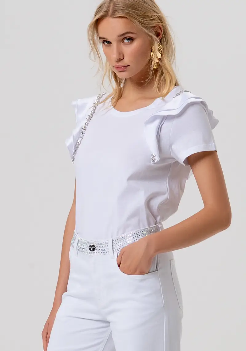 Fracomina Pantalone flare a palazzo in cotone bianco con strass miniatura 2