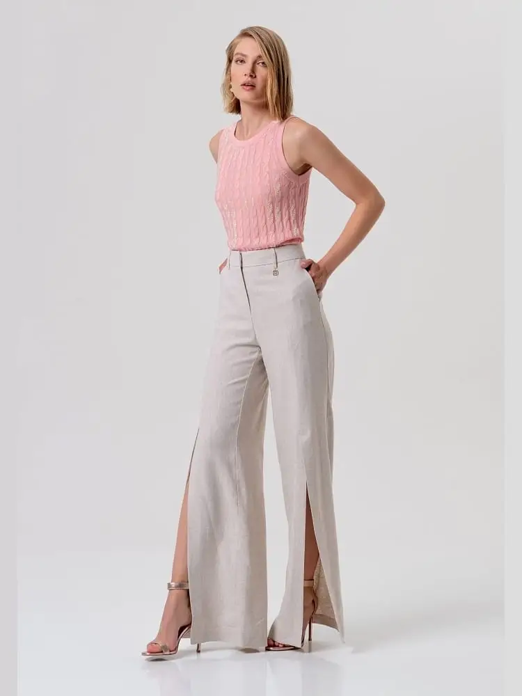 pantalone flare a palazzo in cotone e lino beige chiaro