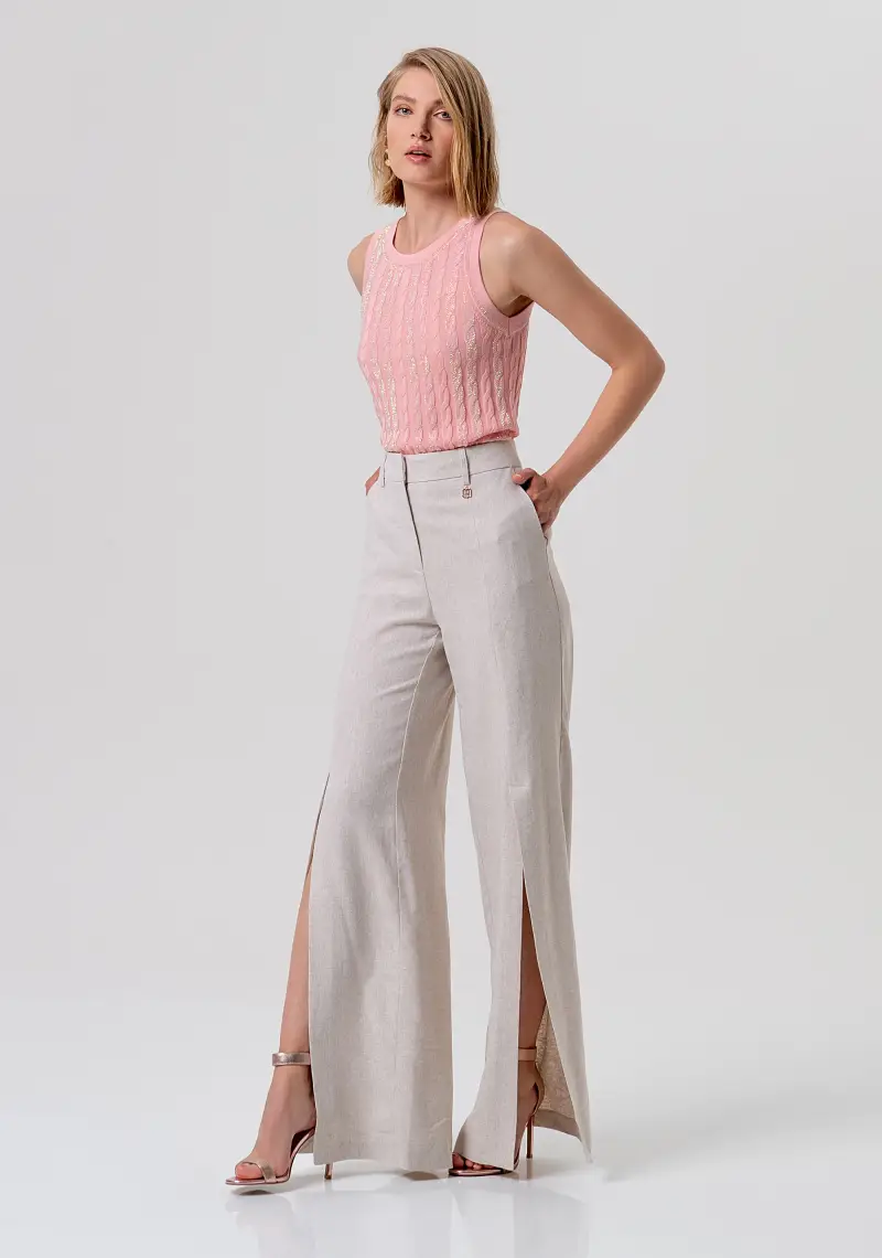 Pantalone flare a palazzo in cotone e lino