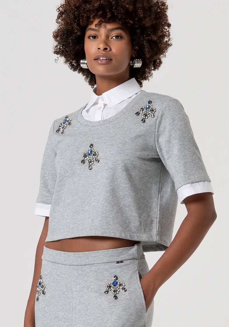 Pantalone flare a palazzo in felpa con applicazioni gioiello miniatura 2