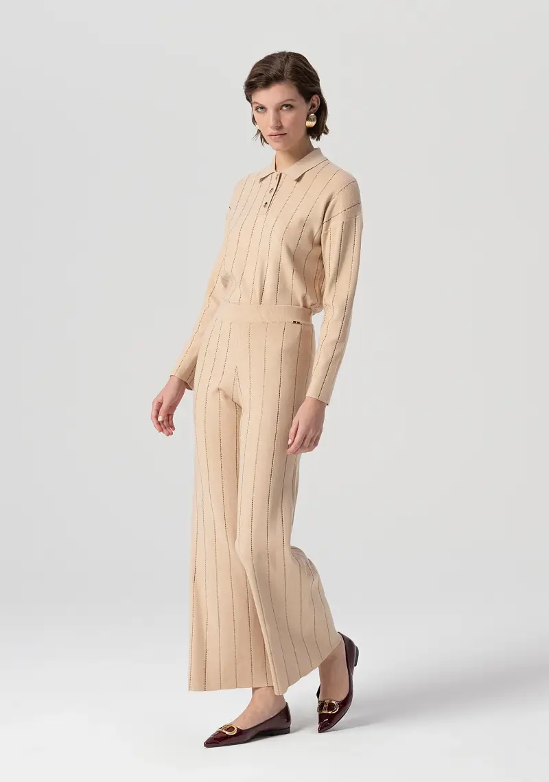 Pantalone flare a palazzo in maglia a coste con strass applicati miniatura 2