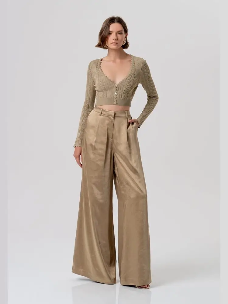 pantalone flare a palazzo in raso beige