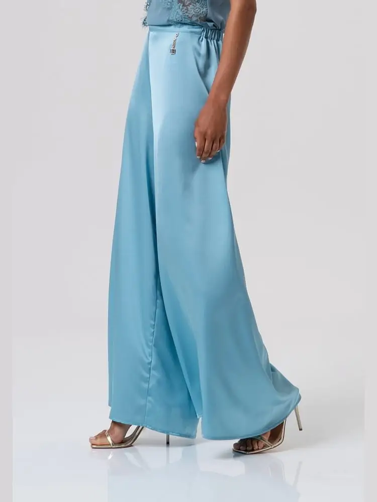 pantalone flare a palazzo in raso ottanio