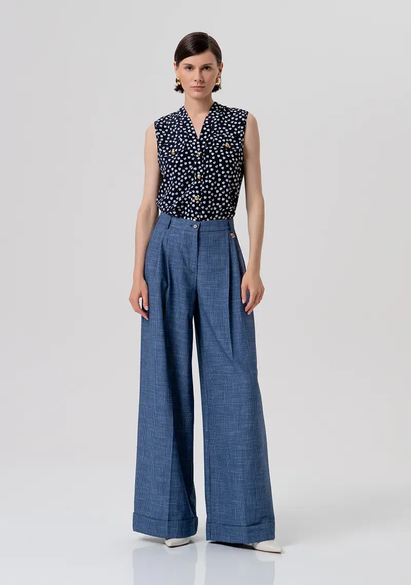 Pantalone flare a palazzo in tessuto Principe di Galles