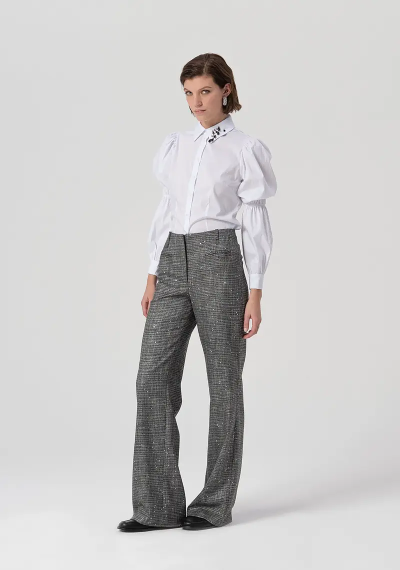 Pantalone flare a palazzo in tweed con paillettes
