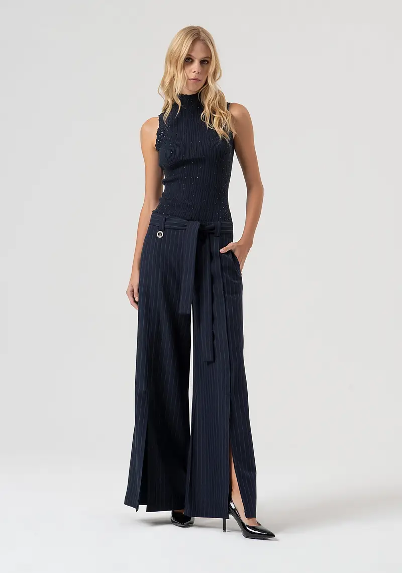 Pantalone flare in tessuto gessato