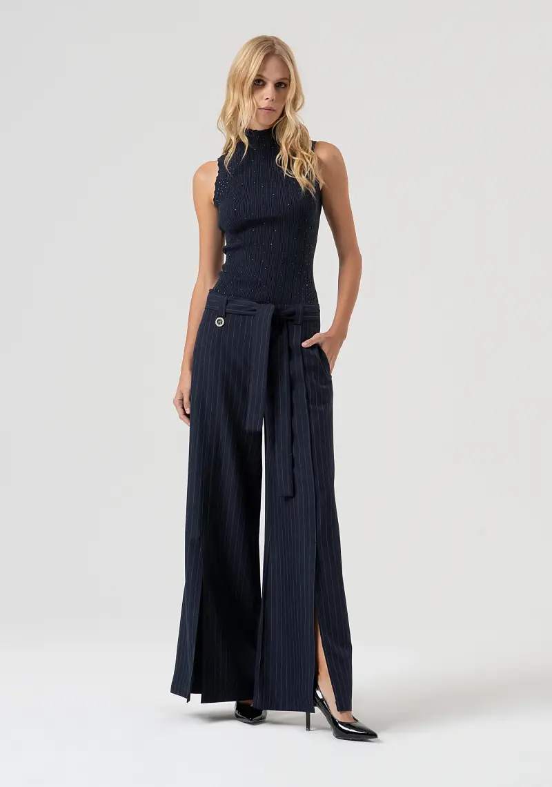 Pantalone flare in tessuto gessato