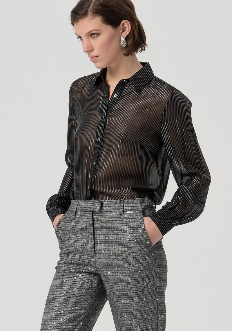 Pantalone regular a sigaretta in tweed con paillettes applicate miniatura 2