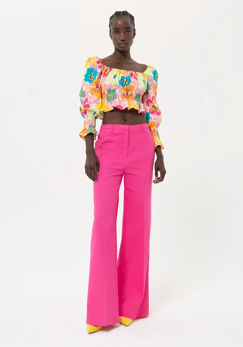 Pantaloni a palazzo flare in cotone e lino