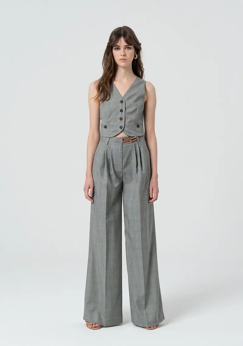 Pantaloni a palazzo in Principe di Galles con lana