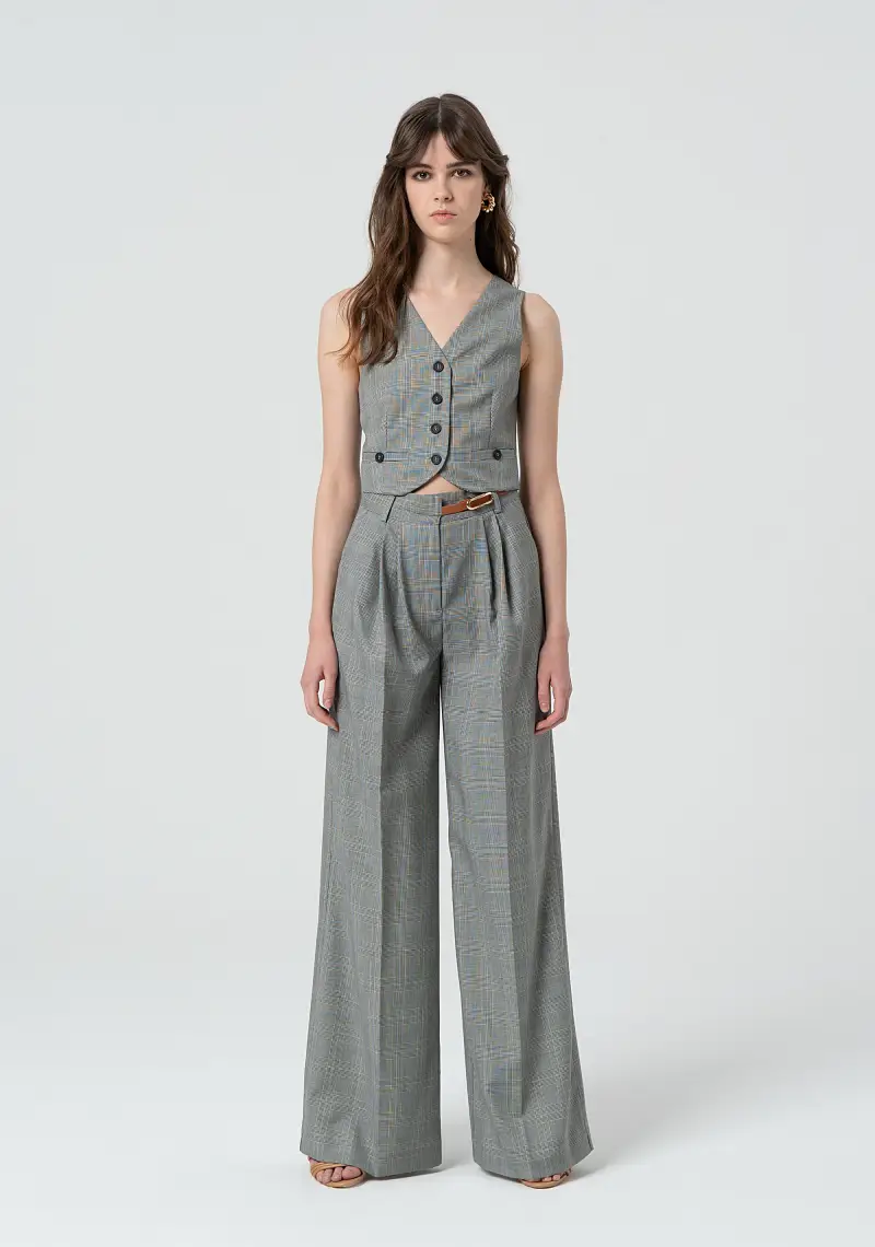 Pantaloni a palazzo in Principe di Galles con lana