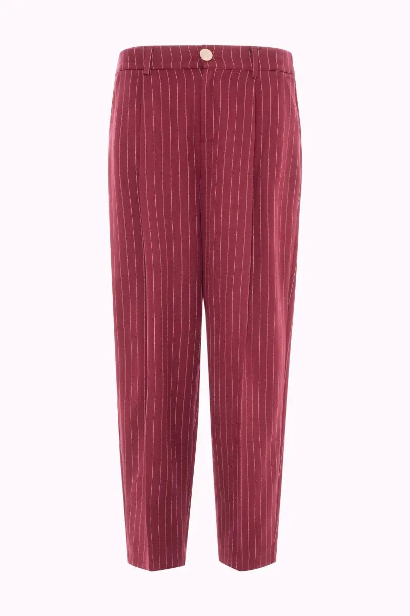 Pantaloni Cropped a Vita Alta Gessati con Pieghe