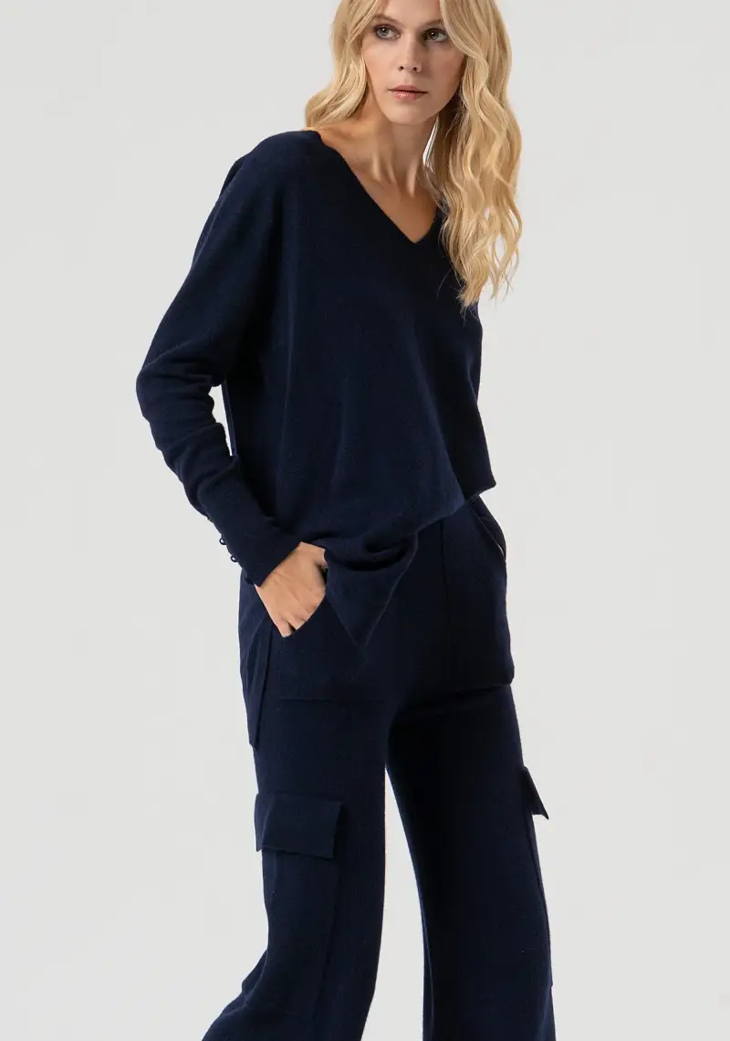 Fracomina Pantaloni flare in maglia di lana blu miniatura 2