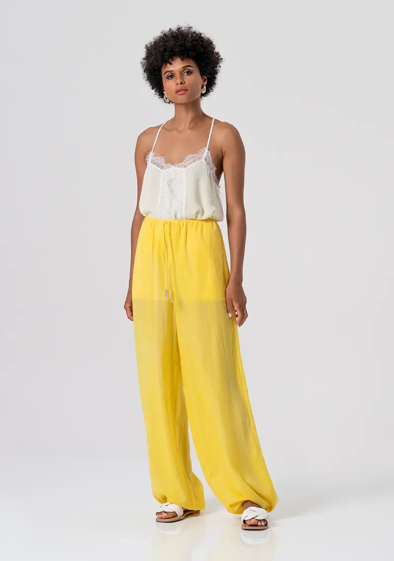 Pantaloni wide a palazzo in lino e lyocell