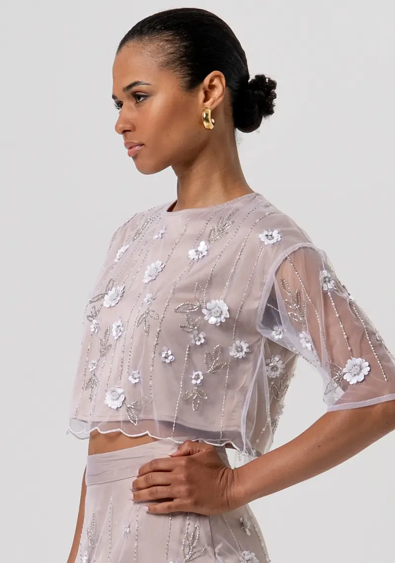 Top cropped in tulle con fiori e strass applicati miniatura 2