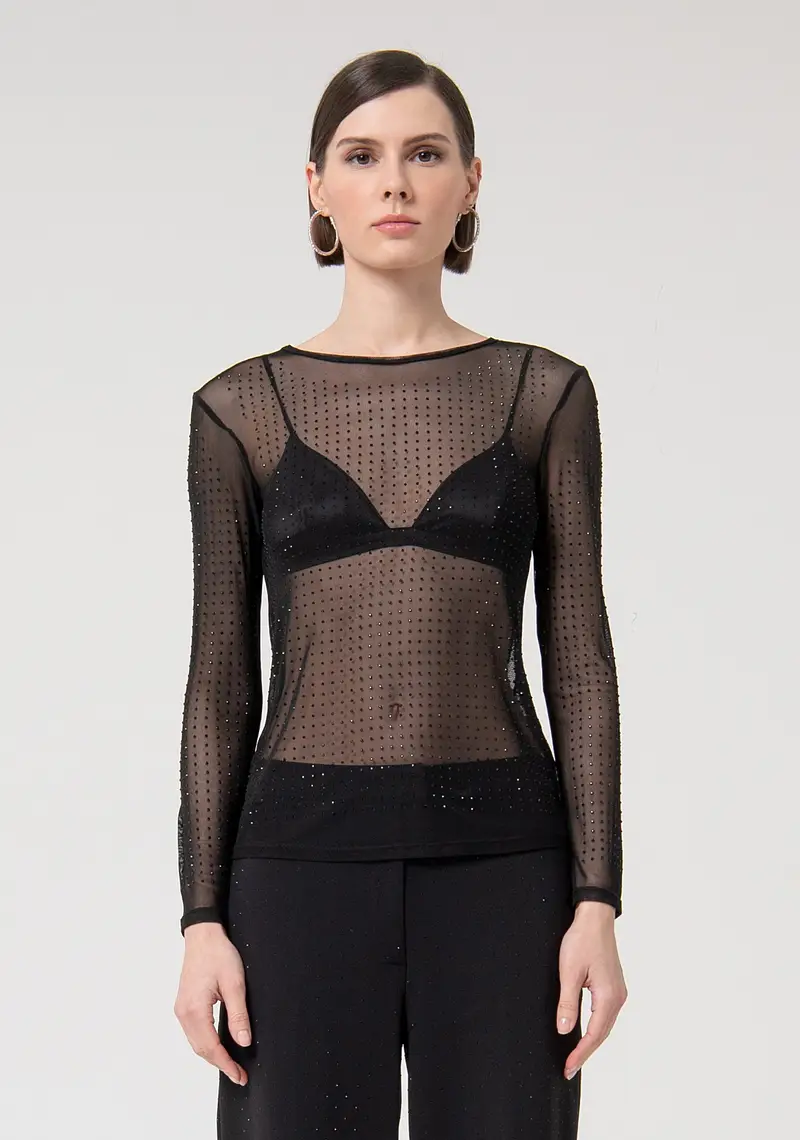 Top maniche lunghe in georgette con strass
