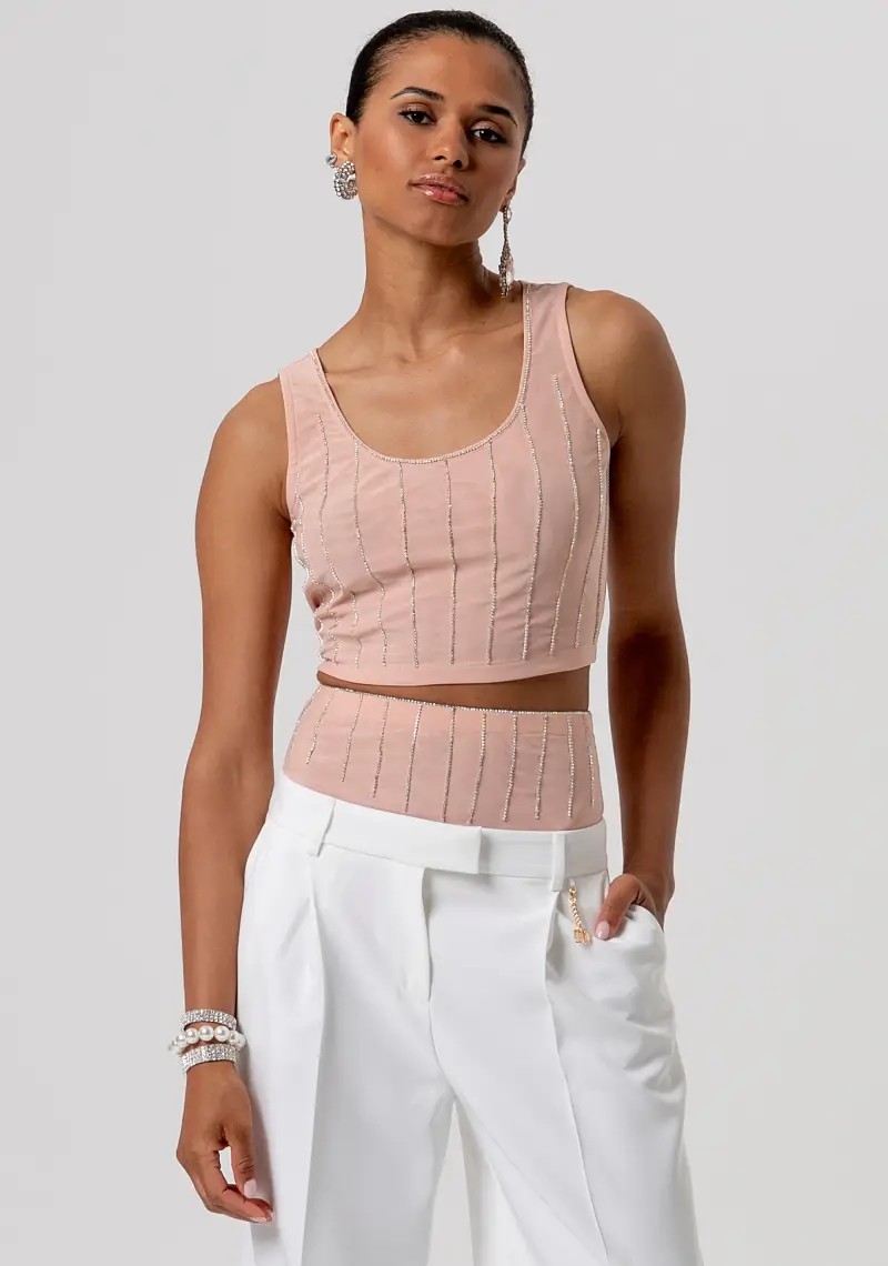Top senza maniche cropped con strass