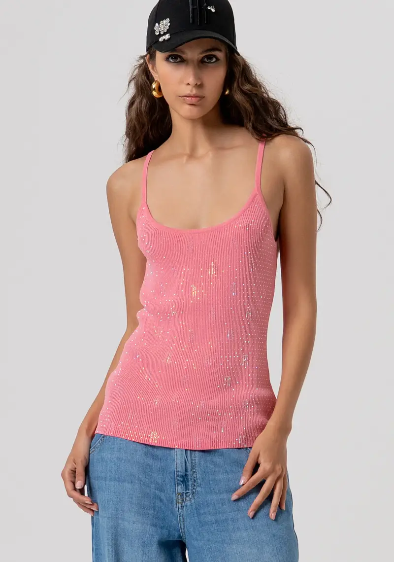 Fracomina Top senza maniche rosa slim in maglia con strass