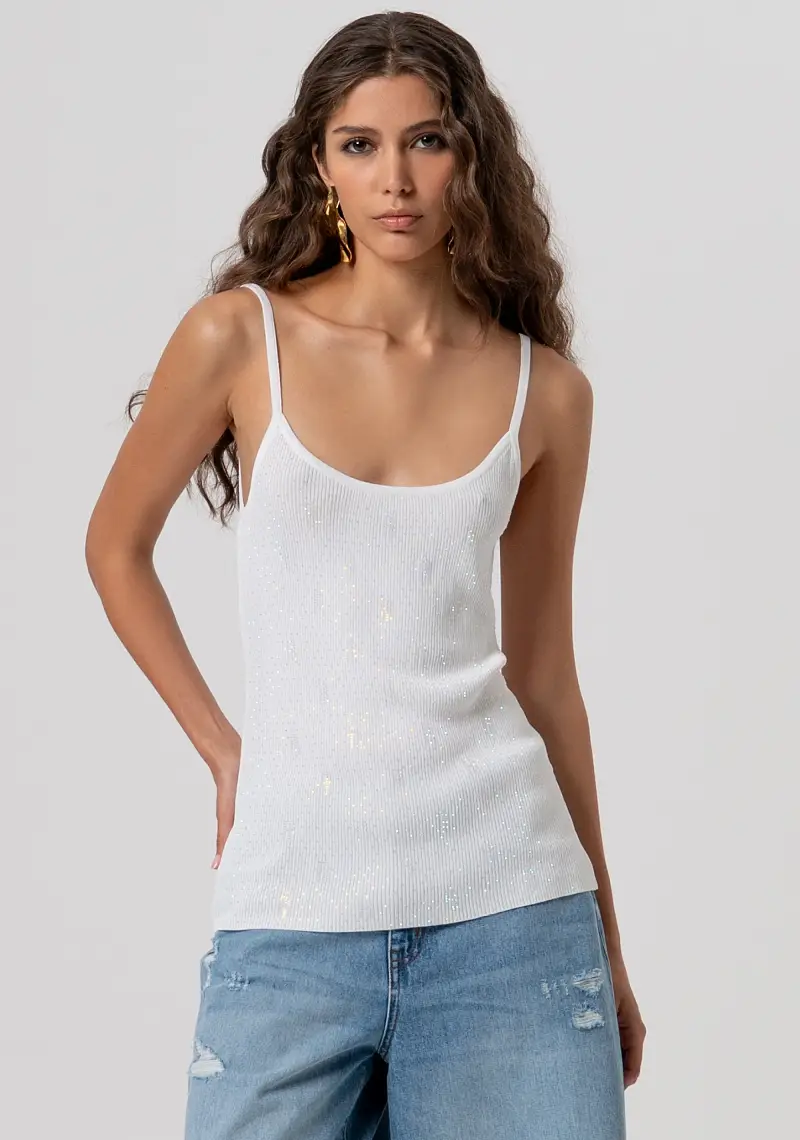 Fracomina Top slim bianco in maglia con strass