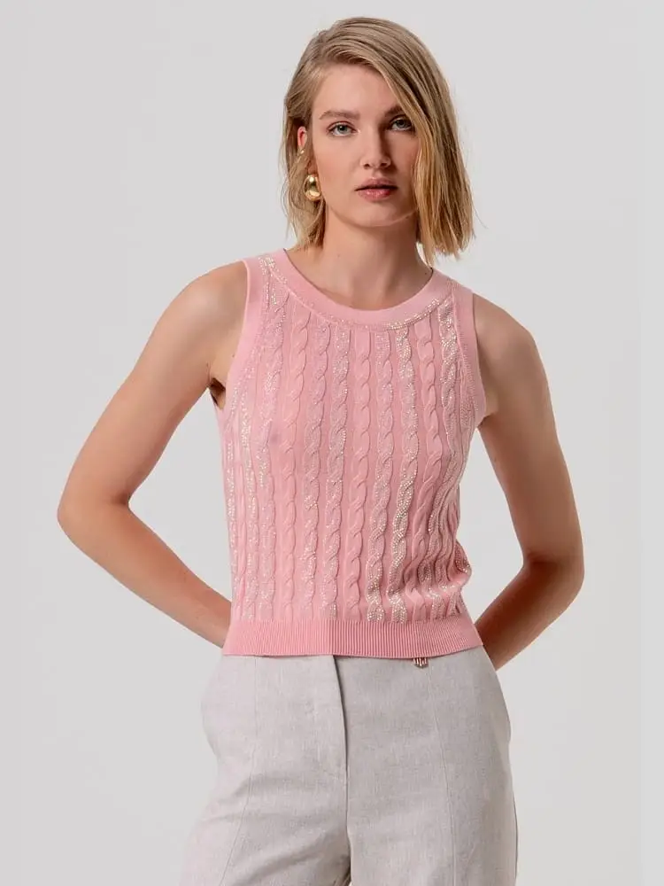 top slim in maglia corallo con punto treccia