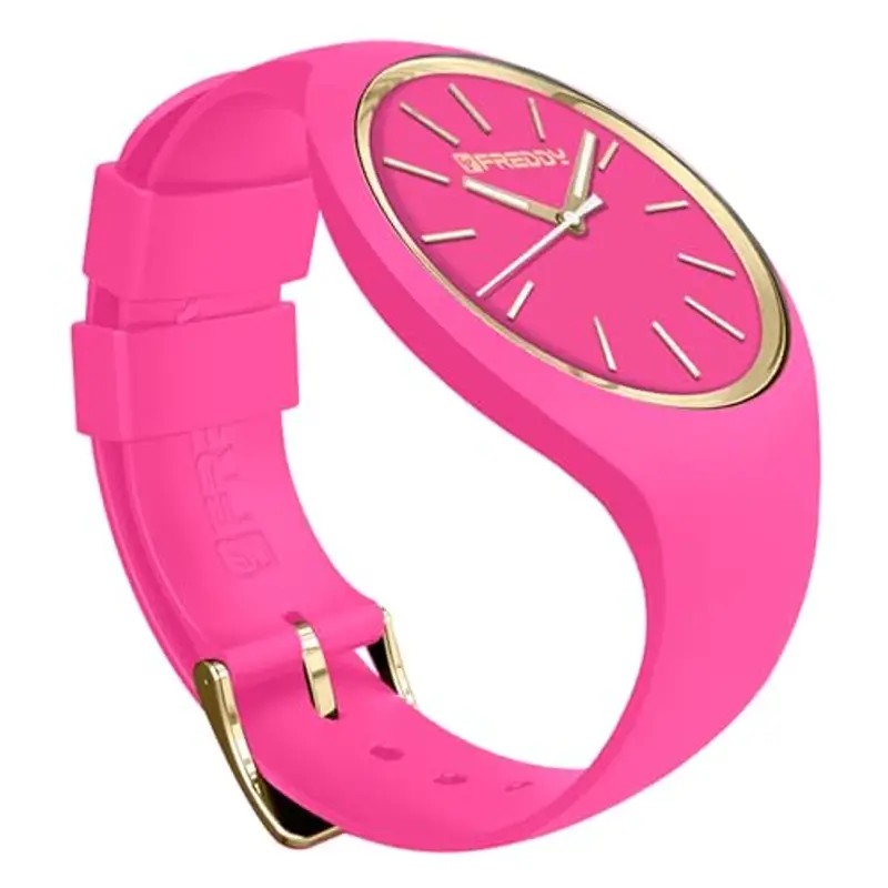 FREDDY Orologio da Polso Donna Rhythm, Rhythm Orologio da Donna in Silicone Fucsia e Gold, Cassa Tonda 34 mm