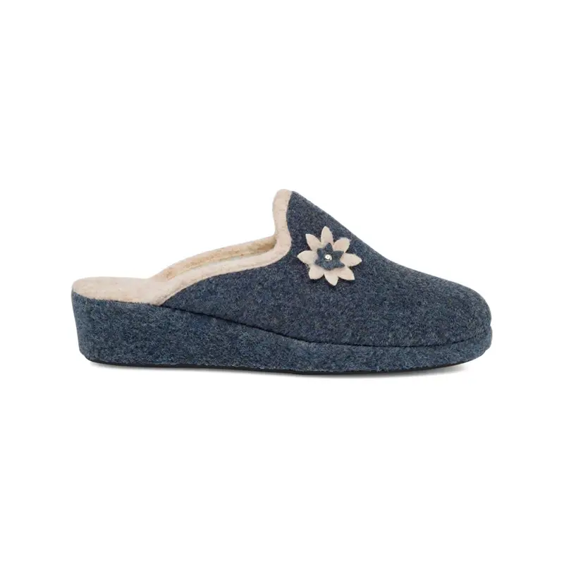 Ciabatte casa blu da donna con zeppina e fiore