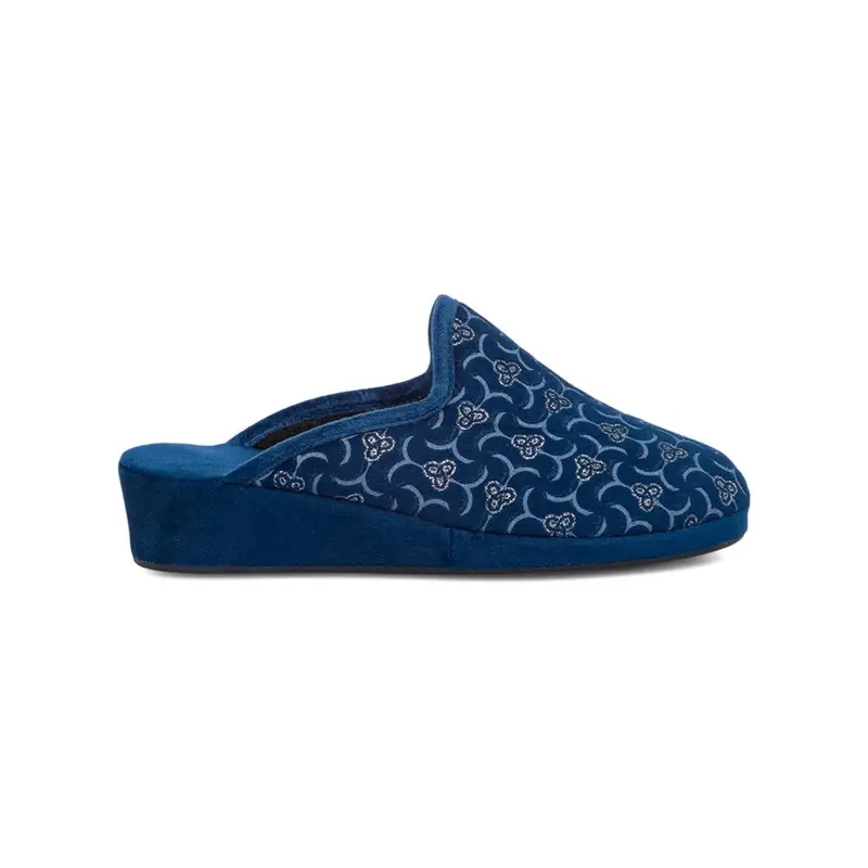 Ciabatte casa blu da donna con zeppina e ricami fiori