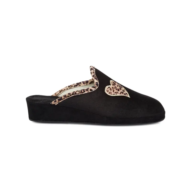 Ciabatte casa nere da donna con zeppina e dettagli in fantasia animalier