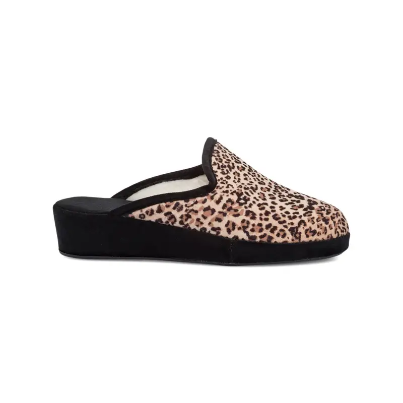 Ciabatte casa nere da donna in fantasia animalier con zeppina