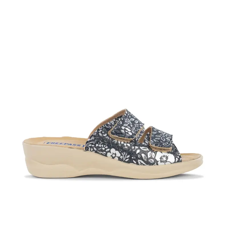 Ciabatte comfort blu da donna in stampa floreale con strappi