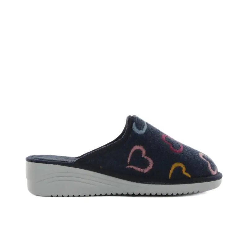 Ciabatte donna blu da casa con zeppina e cuori